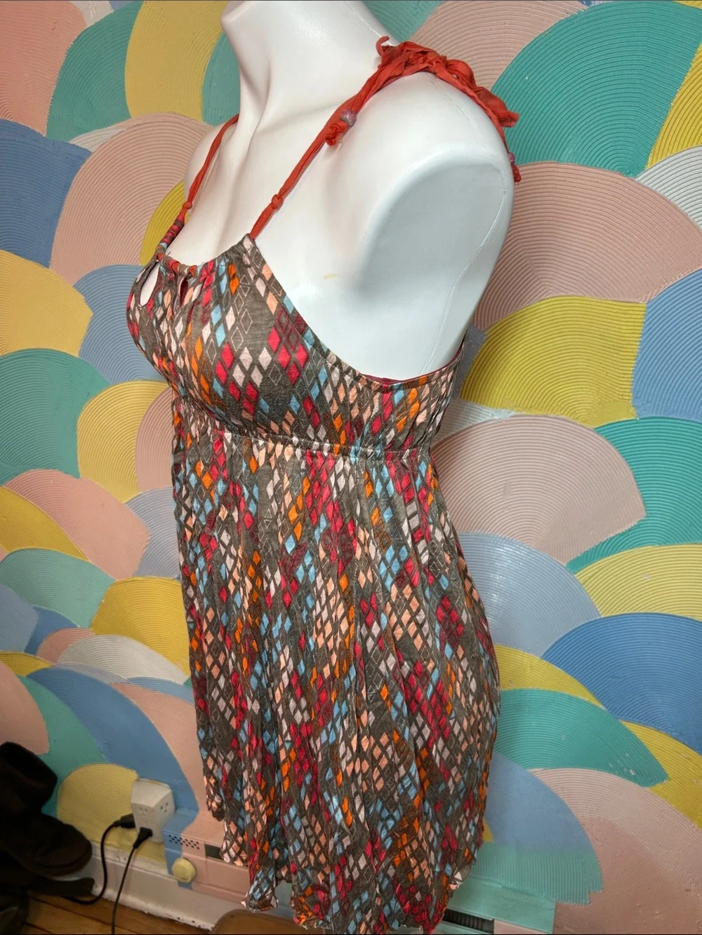 Free People 2010s  Sleeveless Multicolor Diamond-Pattern Summer Dress sz M
